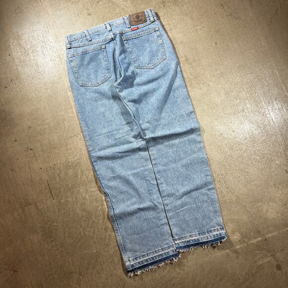 Y2K Wrangler Patchwork Denim Jeans 34x29 Custom Quilt Light Wash Raw Hem - Picture 3 of 7